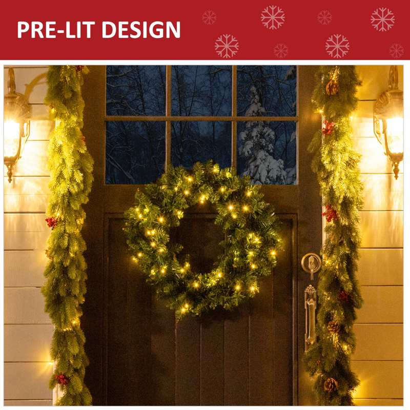 HOMCOM 55CM Pre-lit Christmas Wreath with 50 Warm White LED Ideal Xmas Artificial Door Decoration