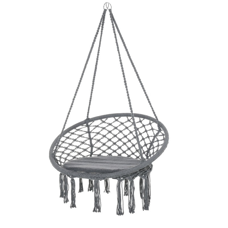 Outsunny Outdoor Cotton-Polyester Blend Macrame Hanging Rope Chair with Cushion, Portable Garden Chair with Fringe Tassels for Patio, Deck, Tree, Grey