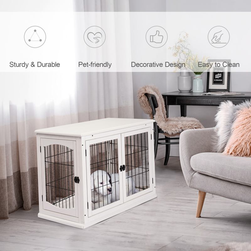 PawHut Dog Crate, Furniture Style Puppy Cage End Table, Pet Kennel House with 3 Doors for Small Dog, White 81 x 58.5 x 66 cm