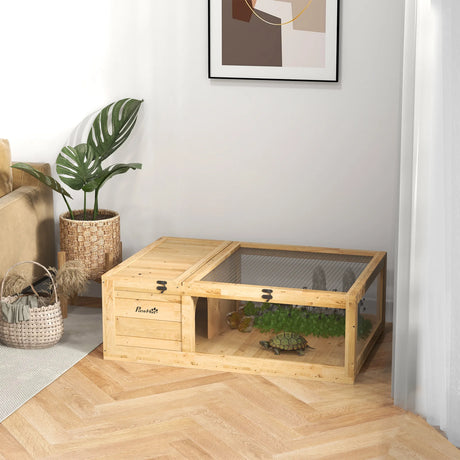 PawHut Tortoise House, Small Reptile Wooden House, with Mesh Roofs, Side Panels, for Turtles, Lizards, Geckos and Snakes