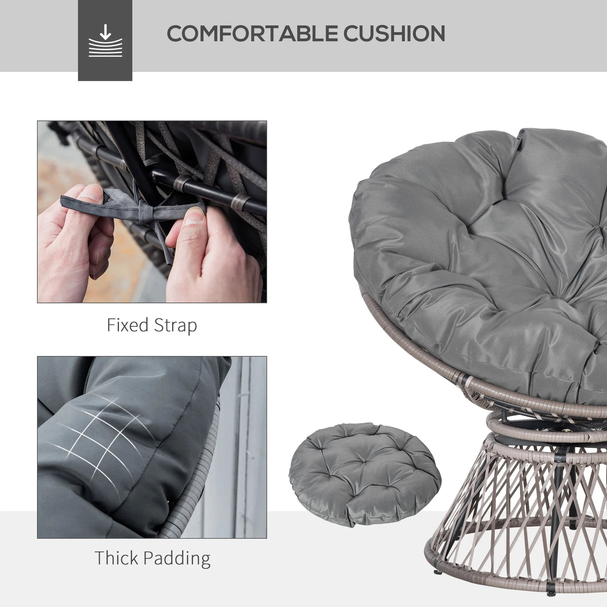 Outsunny 360 Swivel Rattan Papasan Moon Bowl Chair Round Lounge Garden Wicker Basket Seat with Padded Cushion Oversized for Outdoor Indoor, Grey