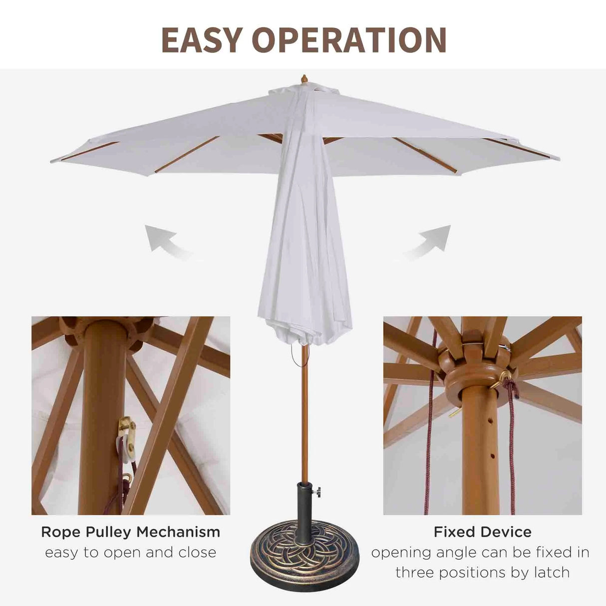 Outsunny 3 m Garden Parasol with Base, Pulley Operated Patio Umbrella, Wooden Parasol, Table Market Umbrella with Rope Pulley Mechanism and 8 Ribs, White
