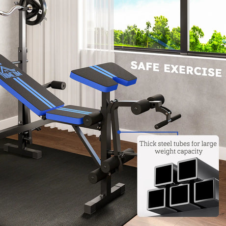 HOMCOM Adjustable Weight Bench with Leg Extension, Barbell Rack, Preacher Curl Pad, Butterfly, Multi-Function Home Gym Bench for Strength Training, Blue