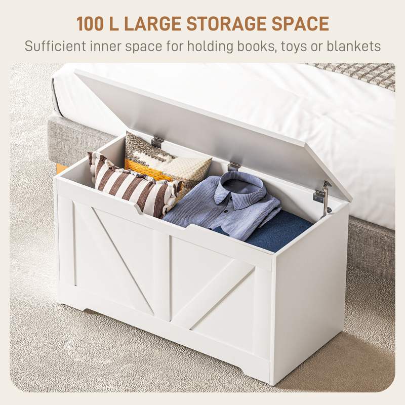 HOMCOM 100L Home Storage Box, with Safety Hinges - White Wood-Effect