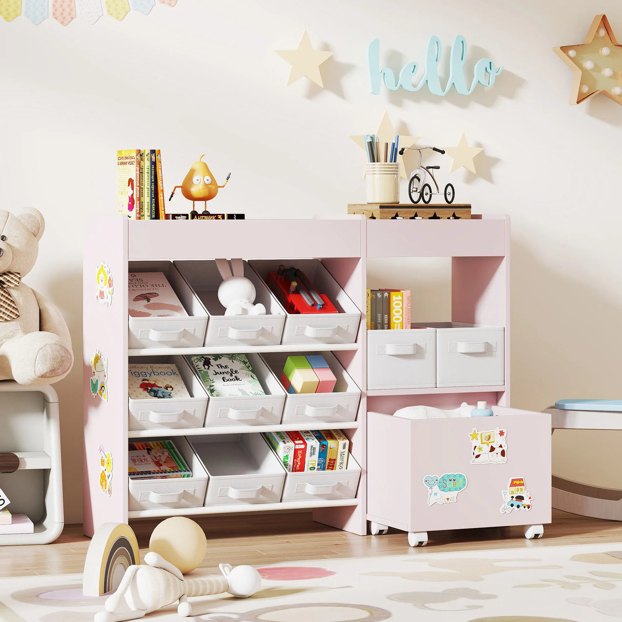 AIYAPLAY Kids Toy Storage Unit with 11 Bins, Cabinet, Top Shelves, 3 Stickers, for Nursery, Playroom, Pink