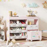 AIYAPLAY Kids Toy Storage Unit with 11 Bins, Cabinet, Top Shelves, 3 Stickers, for Nursery, Playroom, Pink