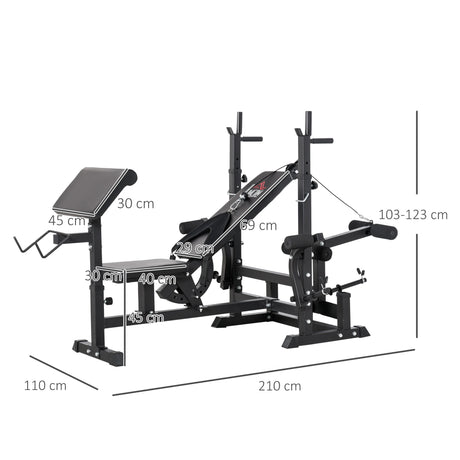 HOMCOM Weight Bench, 6 in 1 Adjustable Bench Press with Leg Extension, Barbell Rack, Preacher Curl Pad, Resistance Band, Multi-Function Home Gym Equipment for Strength Training Weightlifting