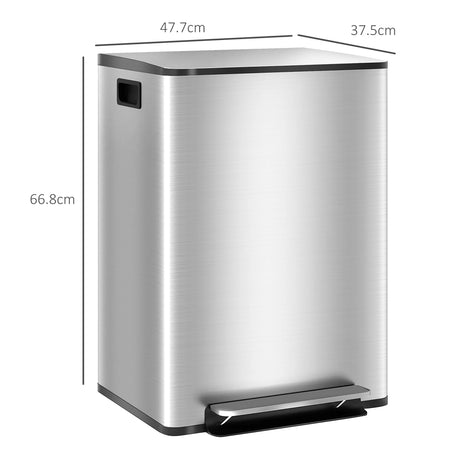HOMCOM 60L Dual Compartment Stainless Steel Bin, with Deodoriser Holders - Silver Tone