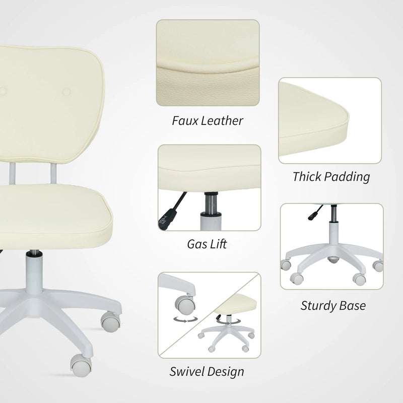 Vinsetto Vanity Office Chair, PU Leather Computer Chair for Home, with Adjustable Height, Armless, Swivel Wheels, Cream