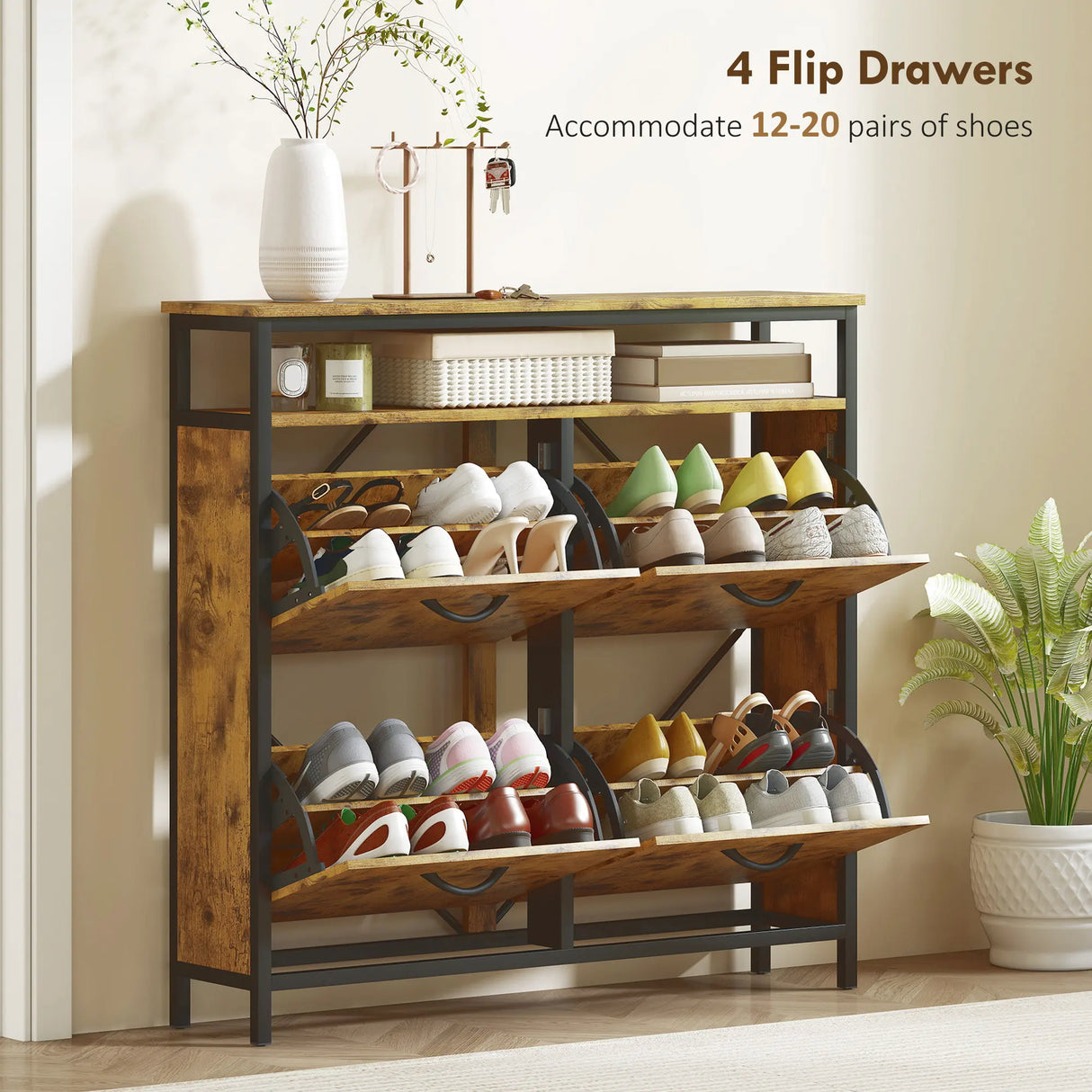 HOMCOM Shoe Storage Cabinet with 4 Flip Drawers and Open Shelf - Rustic Brown