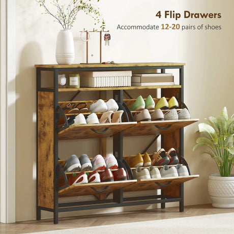 HOMCOM Shoe Storage Cabinet with 4 Flip Drawers and Open Shelf - Rustic Brown