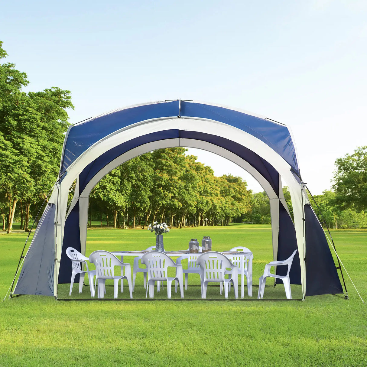 Outsunny 3.5 x 3.5M Camping Gazebo, Outdoor Event Shelter Dome Tent Garden Sun Shelter Patio Spire Arc Pavilion Camp Sun Shade Tent for 6-8 Person, Blue and Grey