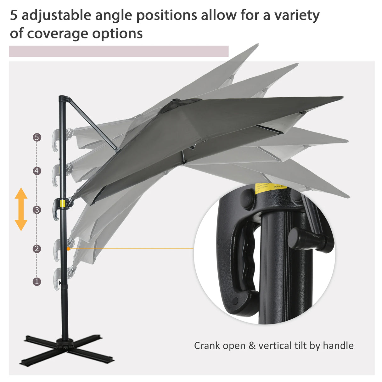 Outsunny 2.5 x 2.5m Patio Offset Parasol Umbrella Cantilever Hanging Aluminium Sun Shade Canopy Shelter 360 Rotation with Crank Handle and Cross Base, Grey