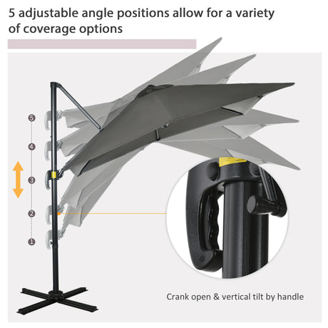 Outsunny 2.5 x 2.5m Patio Offset Parasol Umbrella Cantilever Hanging Aluminium Sun Shade Canopy Shelter 360 Rotation with Crank Handle and Cross Base, Grey
