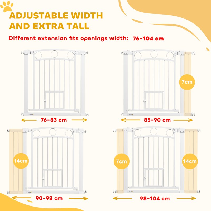 PawHut 77cm Tall Dog Gate with Cat Door, 7cm and 14cm Extensions, for Stairs, Doorways, 76-104cm Width