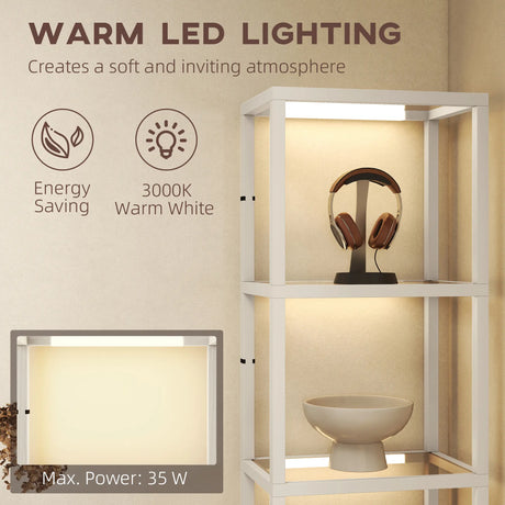 HOMCOM LED Floor Lamp with Glass Shelves, 4 Layers Dimmable Tall Standing Lamp, Modern Column Shelf Floor Light for Living Room, Bedroom, Office, Oak