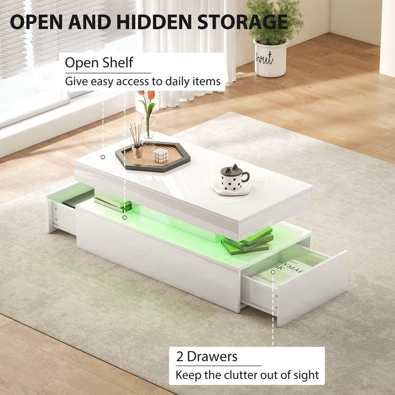 HOMCOM LED Coffee Table with Storage - High Gloss White