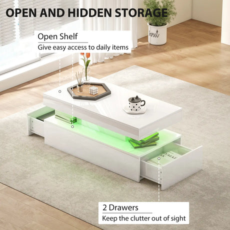HOMCOM LED Coffee Table with Storage - High Gloss White