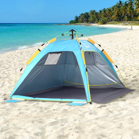 Outsunny 2 Man Pop-up Beach Tent Sun Shade Shelter Hut w/ Windows Doors Hook Sandbags UV Protection Waterproof Outdoor Adventure Garden Light Blue