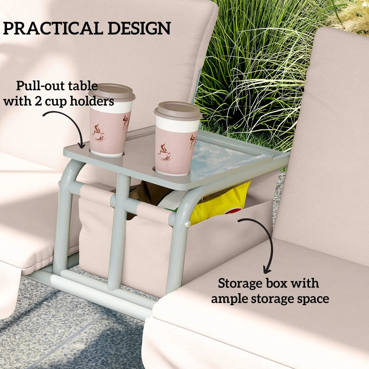 Outsunny 2 Seater Garden Swing Chair Patio Rocking Bench w/ Tilting Canopy, Double Padded Seats, Storage Bag and Tray, Beige