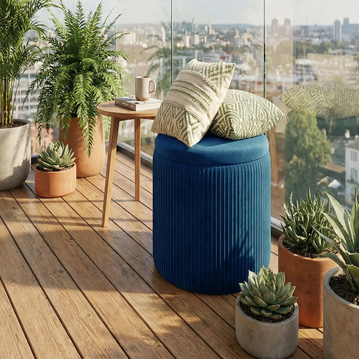 HOMCOM Storage Ottoman Modern Velvet Round Foot Stool for Living Room Bedroom 45 cm Blue