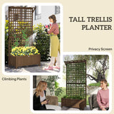 Outsunny Raised Bed with Drainage Holes, Wood Planter with Trellis for Climbing Plants to Grow Vegetables, Flowers, Brown