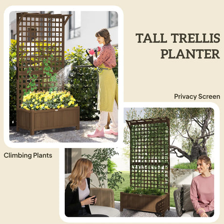 Outsunny Raised Bed with Drainage Holes, Wood Planter with Trellis for Climbing Plants to Grow Vegetables, Flowers, Brown