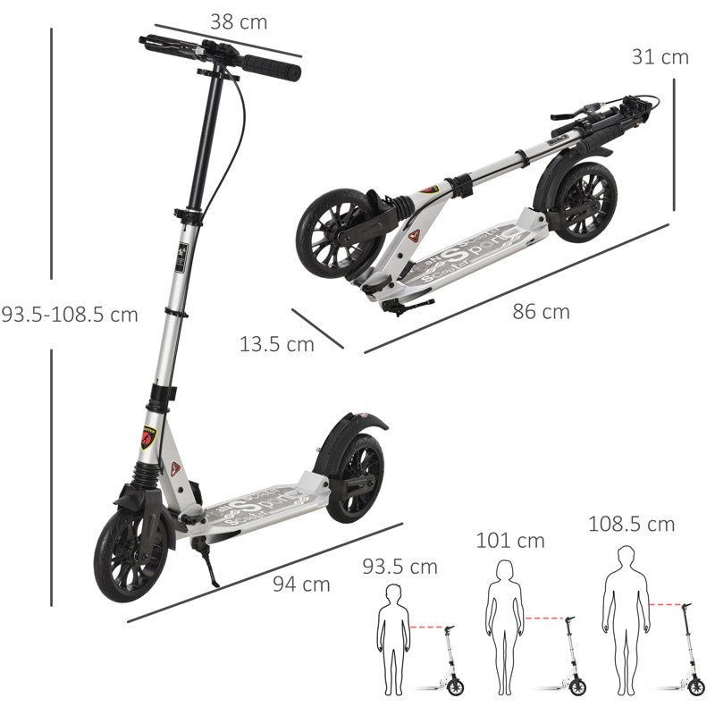 HOMCOM Teen/Adults Aluminium Folding Kick Scooter w/ Shock Mitigation System Silver