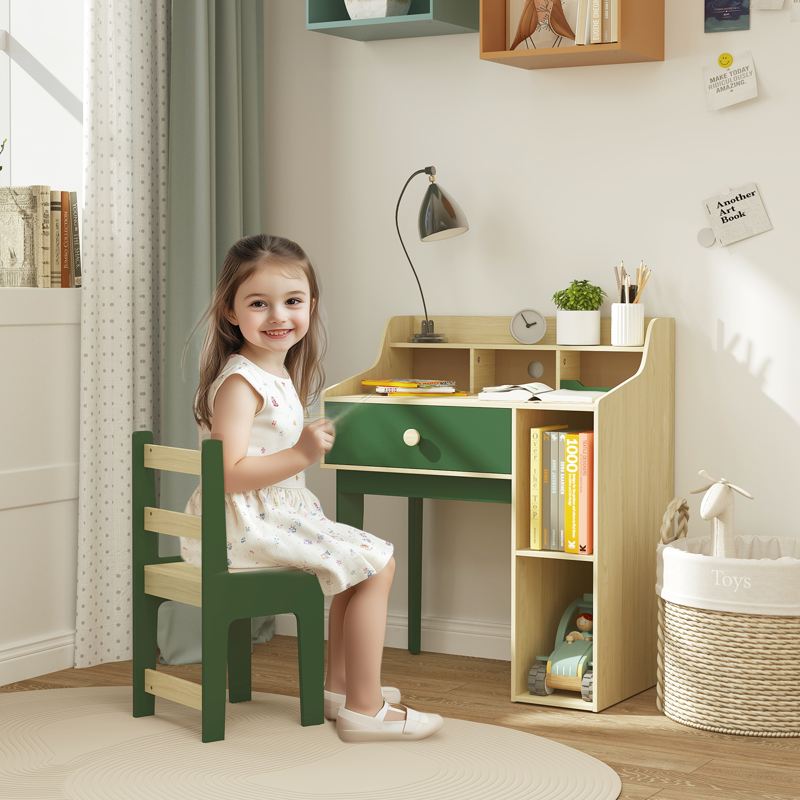 AIYAPLAY Kids Desk and Chair Set with Storage Shelves and Drawer, Green