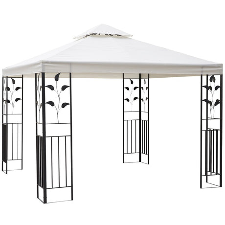 Outsunny 3 x 3m Outdoor Steel Gazebo with 2 Tier Roof, Garden Gazebo Patio Canopy Marquee Shelter with Decorative Steel Frame - Cream