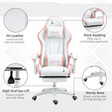 Vinsetto Computer Gaming Chair, PU Leather Office Desk Chair with Footrest, Swivel Wheels, 135 Reclining Back, Lumbar Support, Headrest for Home, White and Pink