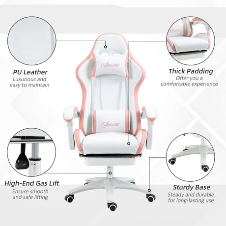 Vinsetto Computer Gaming Chair, PU Leather Office Desk Chair with Footrest, Swivel Wheels, 135 Reclining Back, Lumbar Support, Headrest for Home, White and Pink