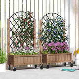 Outsunny Raised Garden Bed with Metal Trellis, Pack of 2 Wooden Elevated Planter Box with Wheels and Drainage Holes, Outdoor Raised Planter for Climbing Plants, Fruits, Vegetables, Flowers, Brown