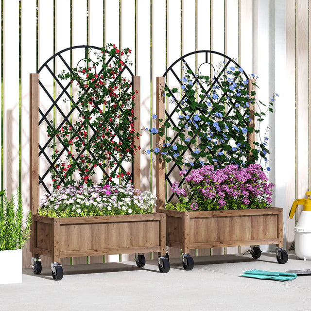 Outsunny Wooden Planter, with Metal Trellis - Brown/Black