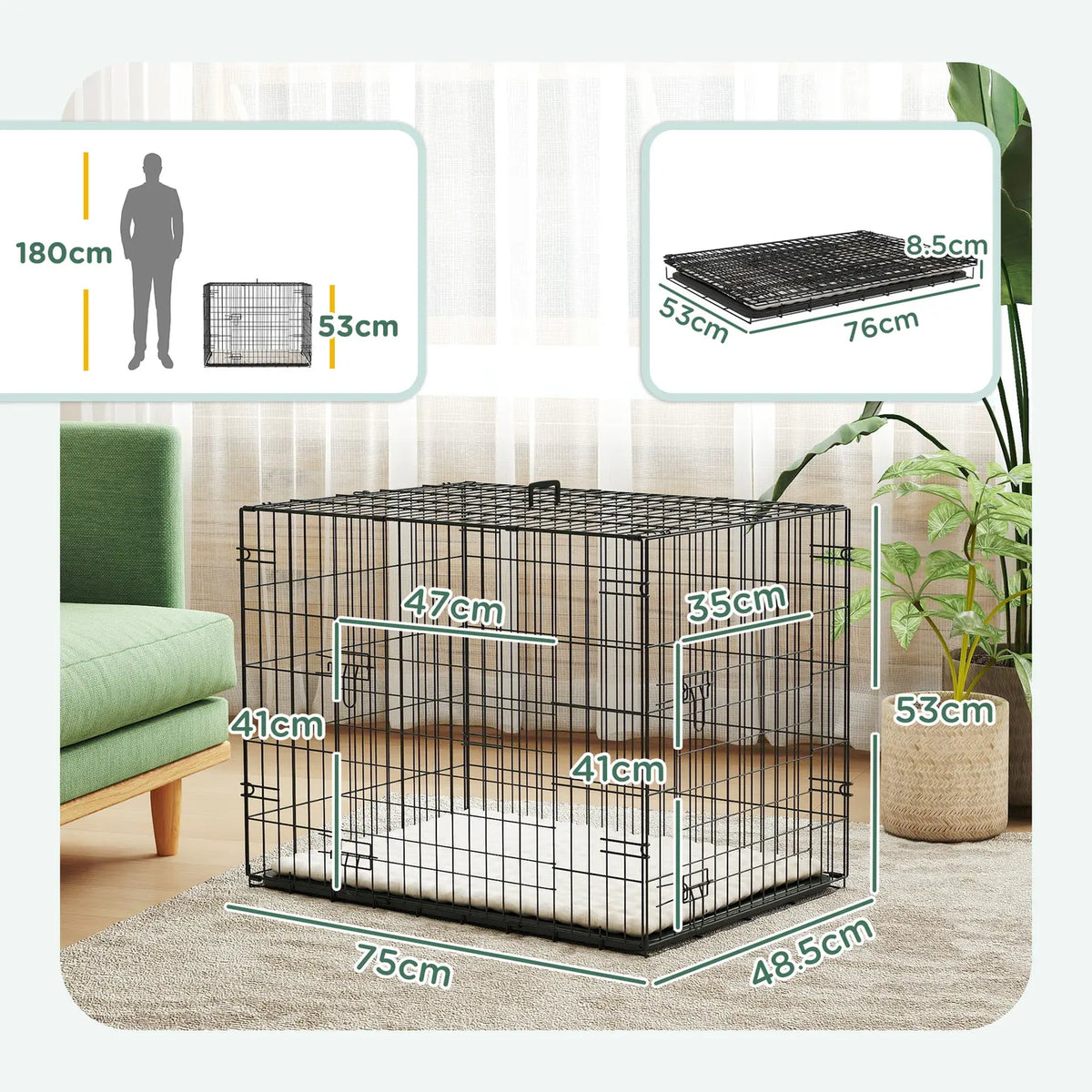 PawHut Foldable Dog Crate with 2 Doors with Tray, Soft Cushion, for Small Dogs, 75 x 49 x 53 cm, Black