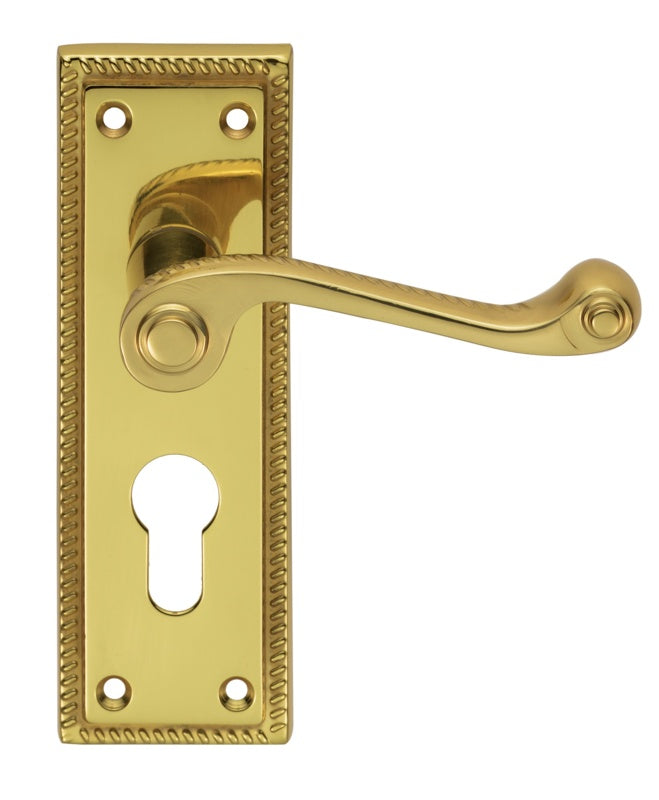 GEORGIAN LEVER ON BACKPLATE - LOCK EURO PROFILE 47.5MM C/C - POLISHED BRASS - 150MM X 48MM - PAIR