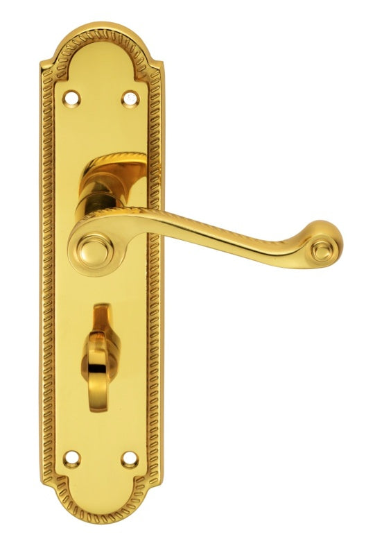 GEORGIAN LEVER ON SHAPED BACKPLATE - BATHROOM 57MM C/C - POLISHED BRASS - 204MM X 48MM - PAIR