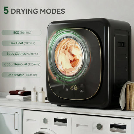 HOMCOM 4kg Vented Tumble Dryer with 5 Drying Mode, 800W Compact Freestanding Front Tumble Dryer Black