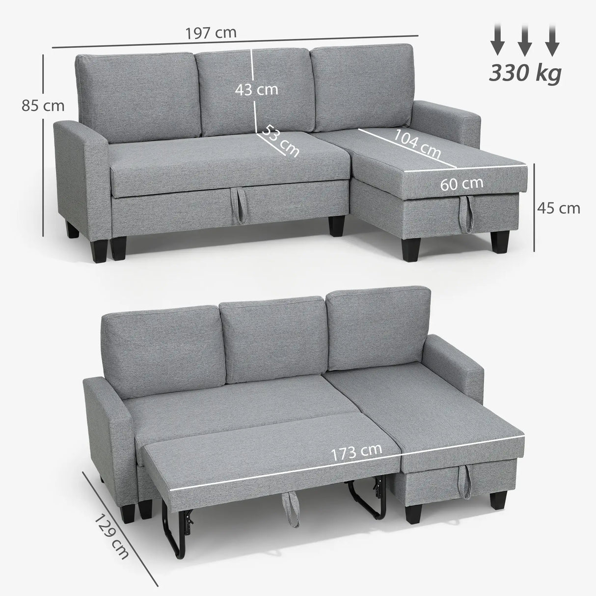 HOMCOM Three-Seater Storage Sofa Bed - Grey