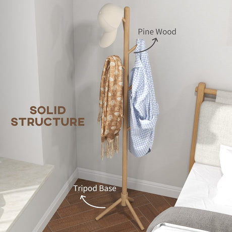 HOMCOM Eight-Hook Wooden Coat Rack - Natural