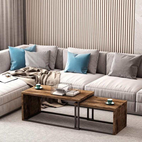 HOMCOM Coffee Tables Set of 2, Industrial Nest of Tables with Metal Frame for Living Room Bedroom, Rustic Brown
