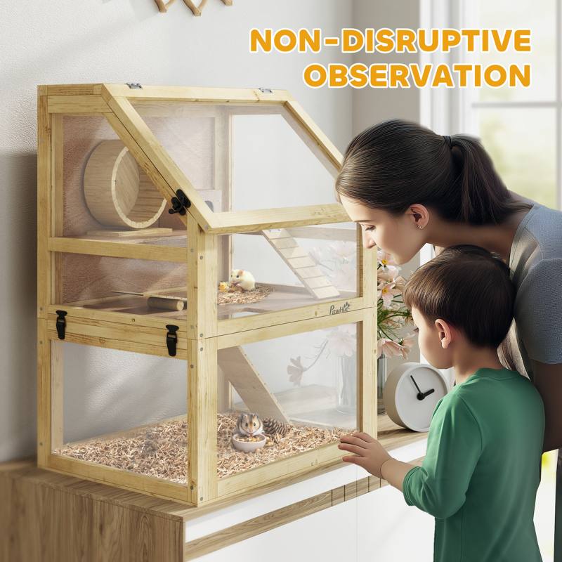 PawHut Wooden Hamster Cage with Detachable 32cm Deep Bottom, Hut, Seesaw, Exercise Wheel, Ramps, 60 x 40 x 75cm