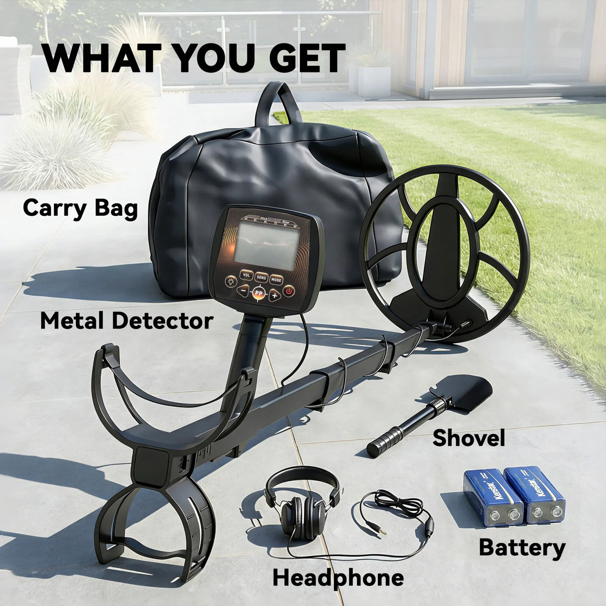 Outsunny Metal Detector for Adults, IP68 Waterproof Search Coil with LCD Display, 5 Modes Gold Detector with Carry Bag, Shovel