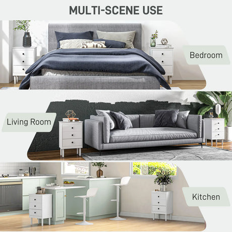 HOMCOM Set of Two Three-Drawer Bedside Tables - White