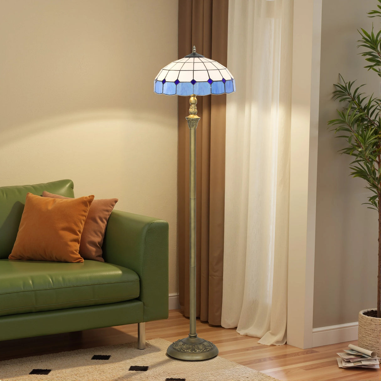 HOMCOM Tiffany-Style Floor Lamp with Handcrafted Stained Glass Shade, 152cm Tall Vintage Standing Lamp with Foot Switch and Dual Sockets for Living Room Bedroom, Bronze Tone and Blue