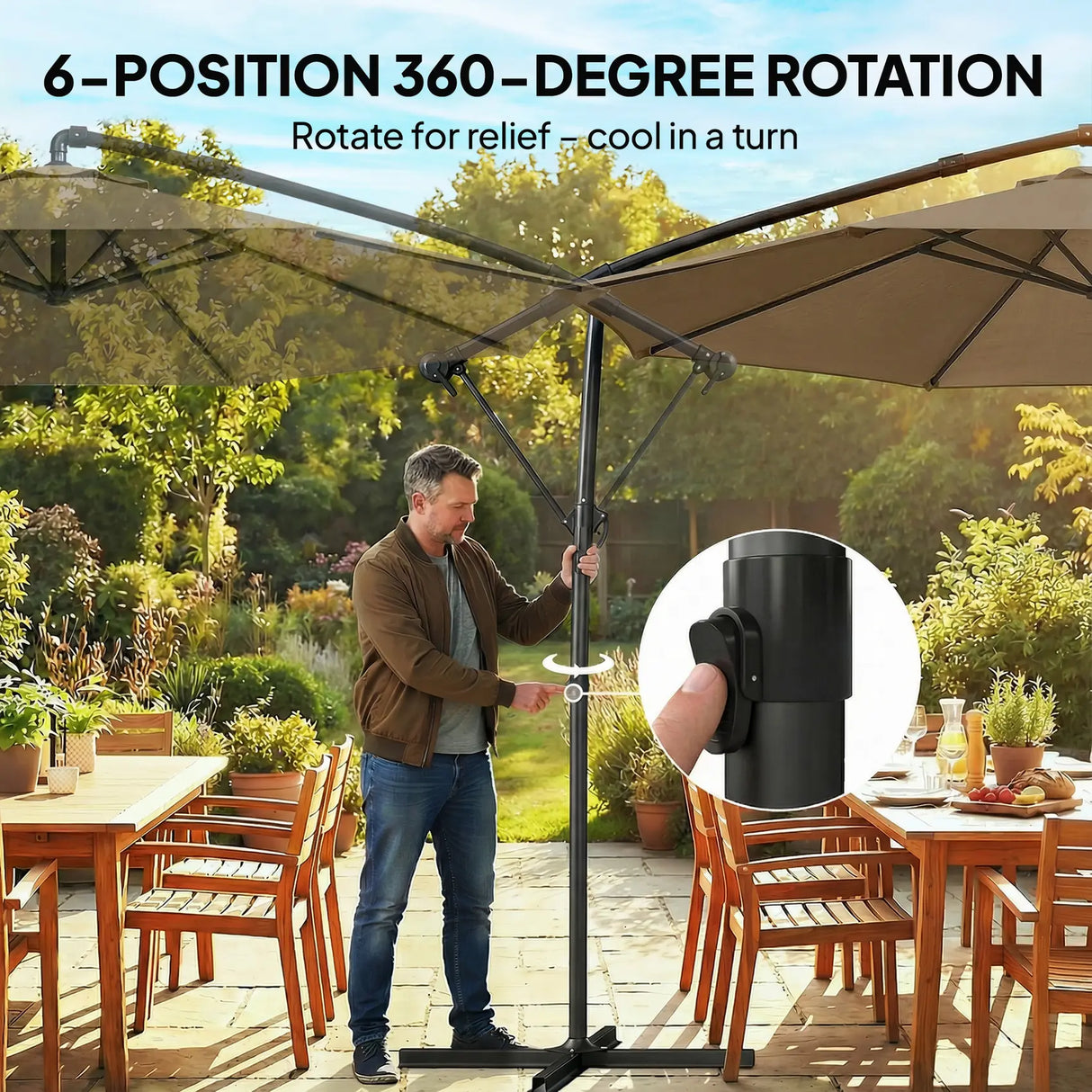 Outsunny 3 m Garden Cantilever Parasol with Cover, Round Overhanging Umbrella with 360 Rotation, Tilt, Khaki