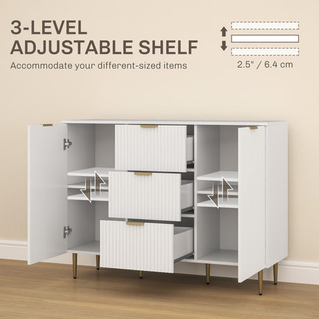 HOMCOM Sideboard Buffet Cabinet, Modern Kitchen Storage Cabinet with 3 Drawers and Adjustable Shelves, Living Room Cabinet with Metal Legs for Hallway, White