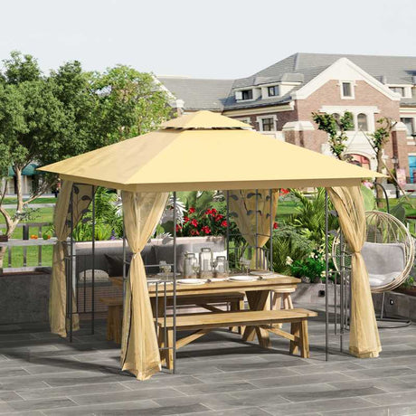 Outsunny 3(m) x 3(m) Garden Gazebo, Double Roof Outdoor Gazebo Canopy Shelter with Netting, Solid Steel Frame, for Garden, Lawn and Deck, Beige