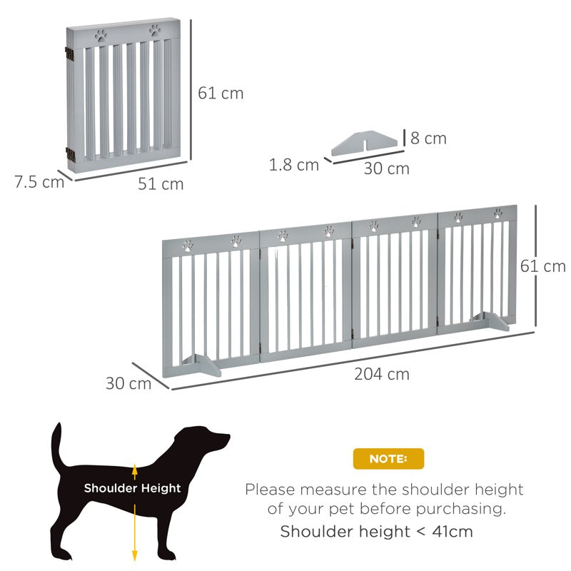 PawHut Freestanding Pet Gate 4 Panel Folding Wooden Dog Barrier w/ Support Feet