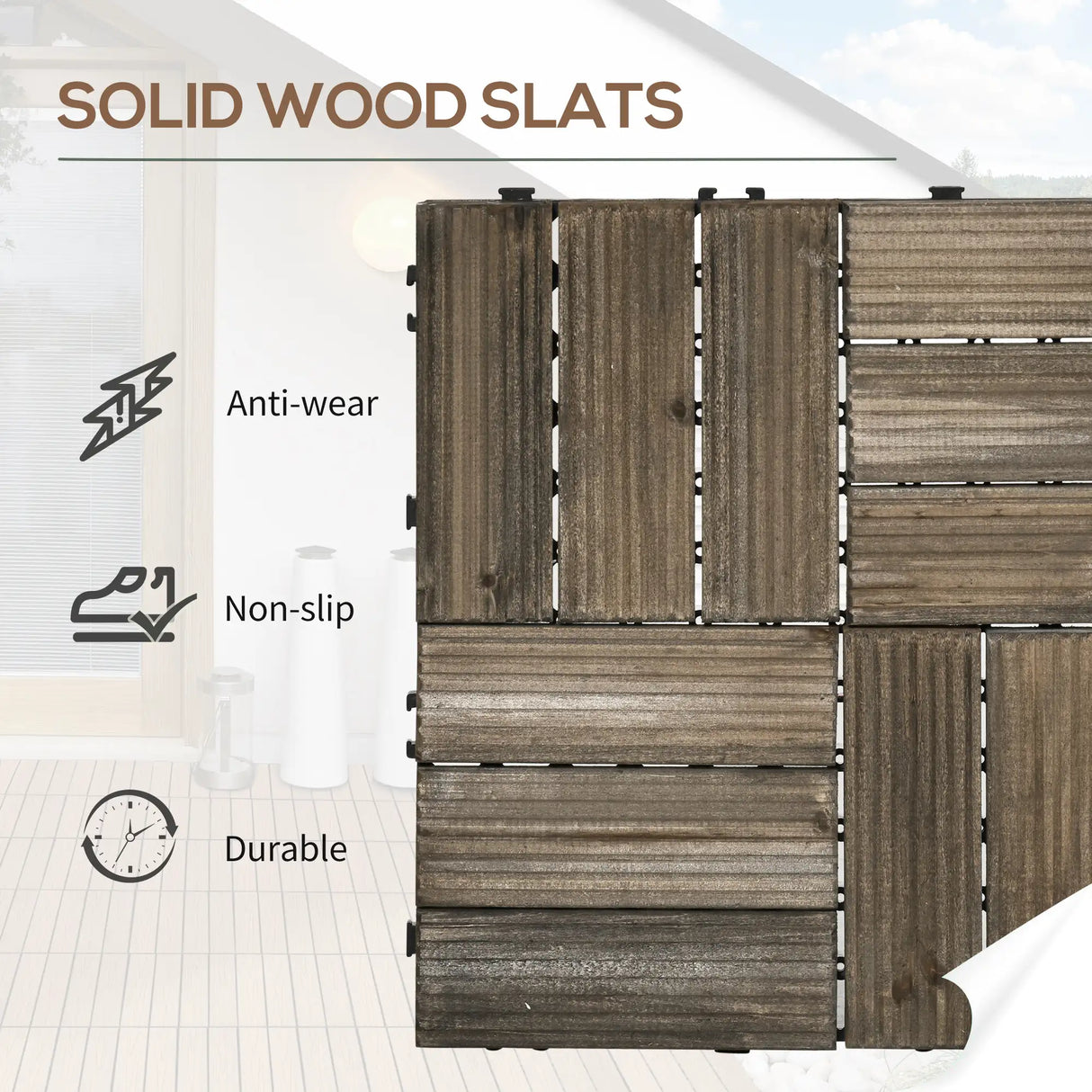 Outsunny 27 Pcs Wooden Interlocking Decking Tiles, Outdoor Flooring Tiles for Patio, Balcony, Terrace, Hot Tub, 30 x 30 cm per Piece, 2.5 per Pack, Charcoal Grey